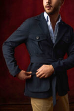 ⁦Navy Blue Belted Cotton Safari Jacket⁩ - الصورة ⁦3⁩