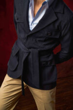 ⁦Navy Blue Belted Cotton Safari Jacket⁩ - الصورة ⁦4⁩