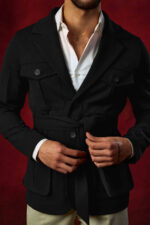 ⁦Black Belted Cotton Safari Jacket⁩ - الصورة ⁦3⁩