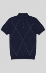 Argyle Turn Down Collar Polo Shirt - Navy Blue