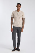 Knitted Buttoned Polo Shirt - Beige - Image 3