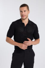 Bi-toned Zipped Polo Shirt - Black