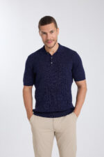 Knitted Buttoned Polo Shirt - Navy Blue - Image 2