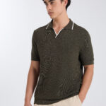 Open Collar Knit Polo Shirt - Olive